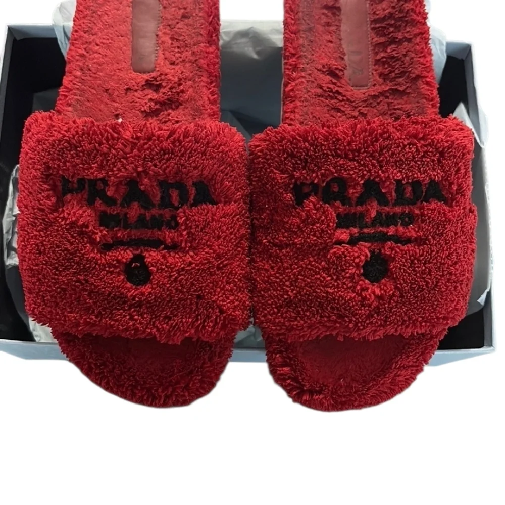 Prada Milano Red Fuzzy Slides - Picture 3 of 9
